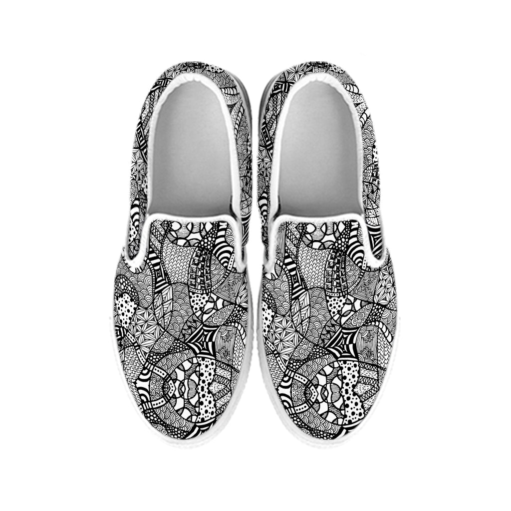 Black And White Zentangle Pattern Print White Slip On Shoes