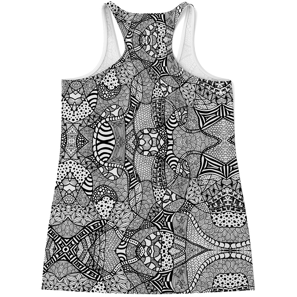 Black And White Zentangle Pattern Print Women's Racerback Tank Top