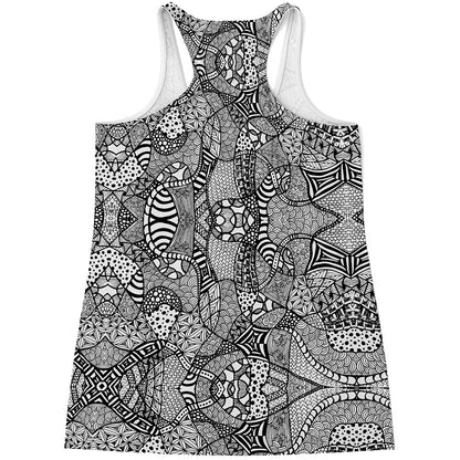 Black And White Zentangle Pattern Print Women's Racerback Tank Top