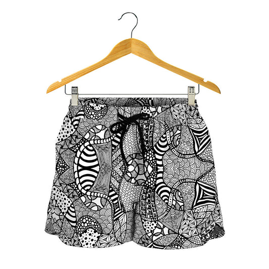 Black And White Zentangle Pattern Print Women's Shorts