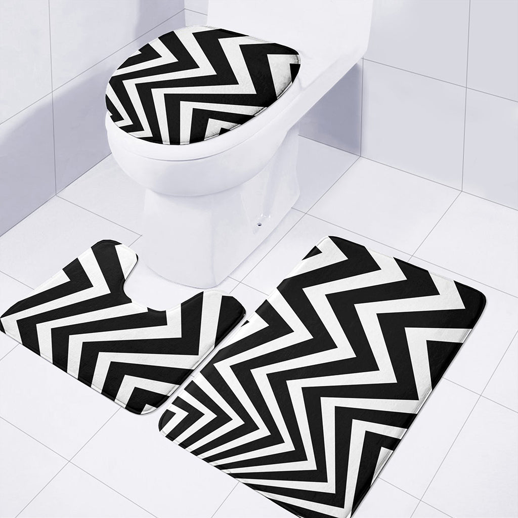 Black And White Zigzag Dazzle Print 3 Piece Bath Mat Set