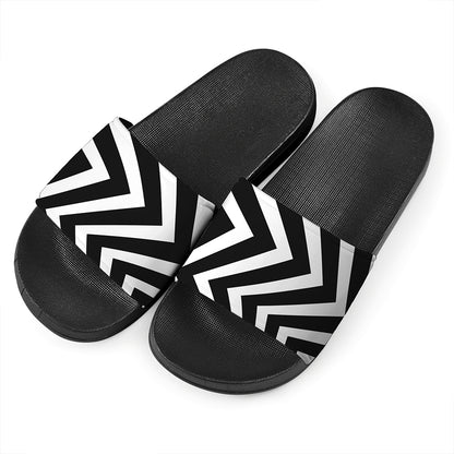 Black And White Zigzag Dazzle Print Black Slide Sandals