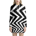 Black And White Zigzag Dazzle Print Pullover Hoodie Dress