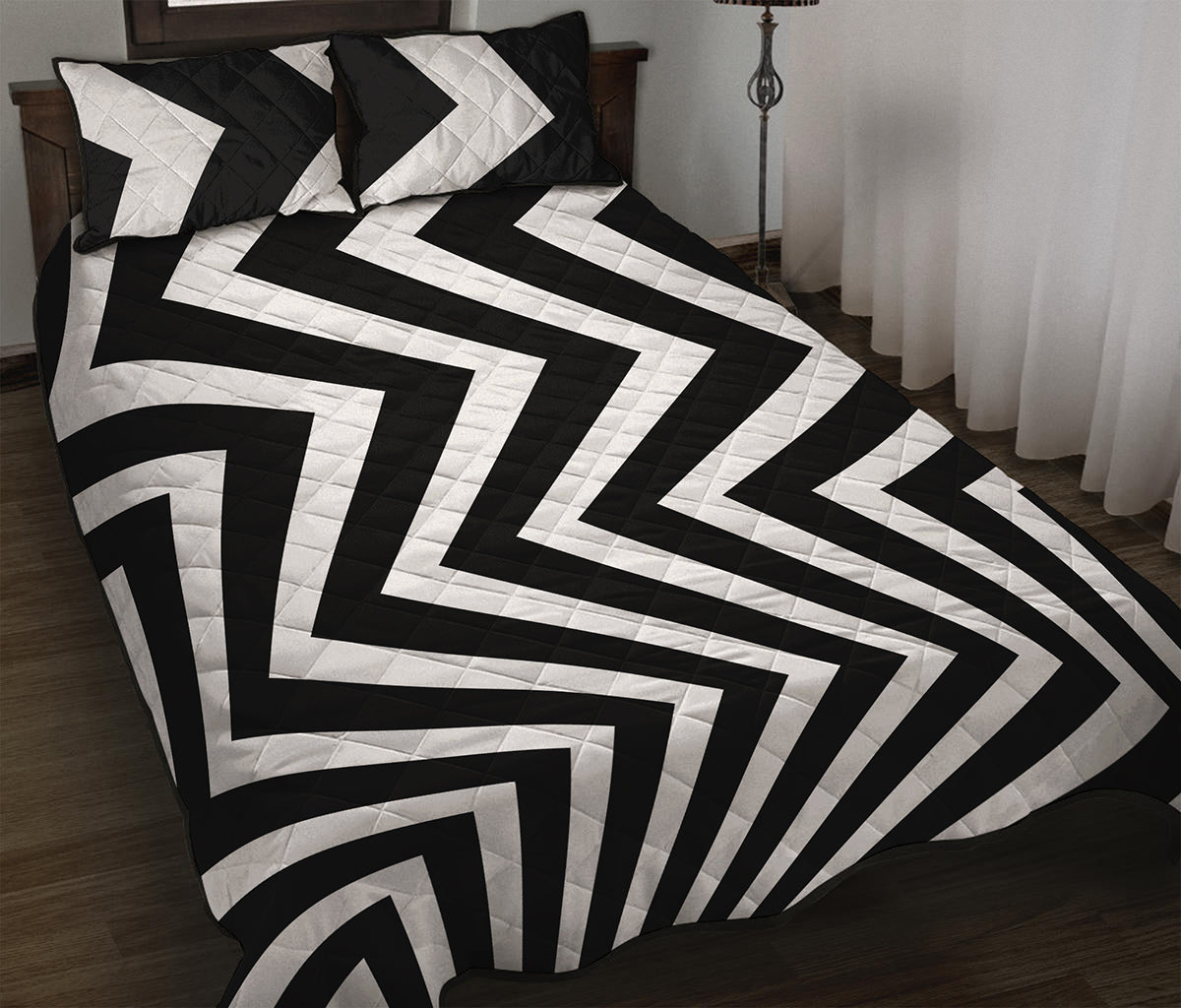 Black And White Zigzag Dazzle Print Quilt Bed Set