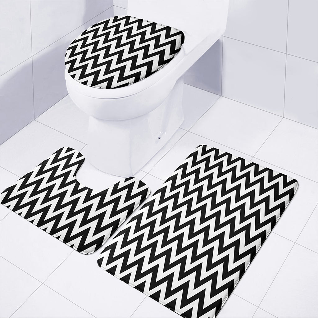 Black And White Zigzag Pattern Print 3 Piece Bath Mat Set