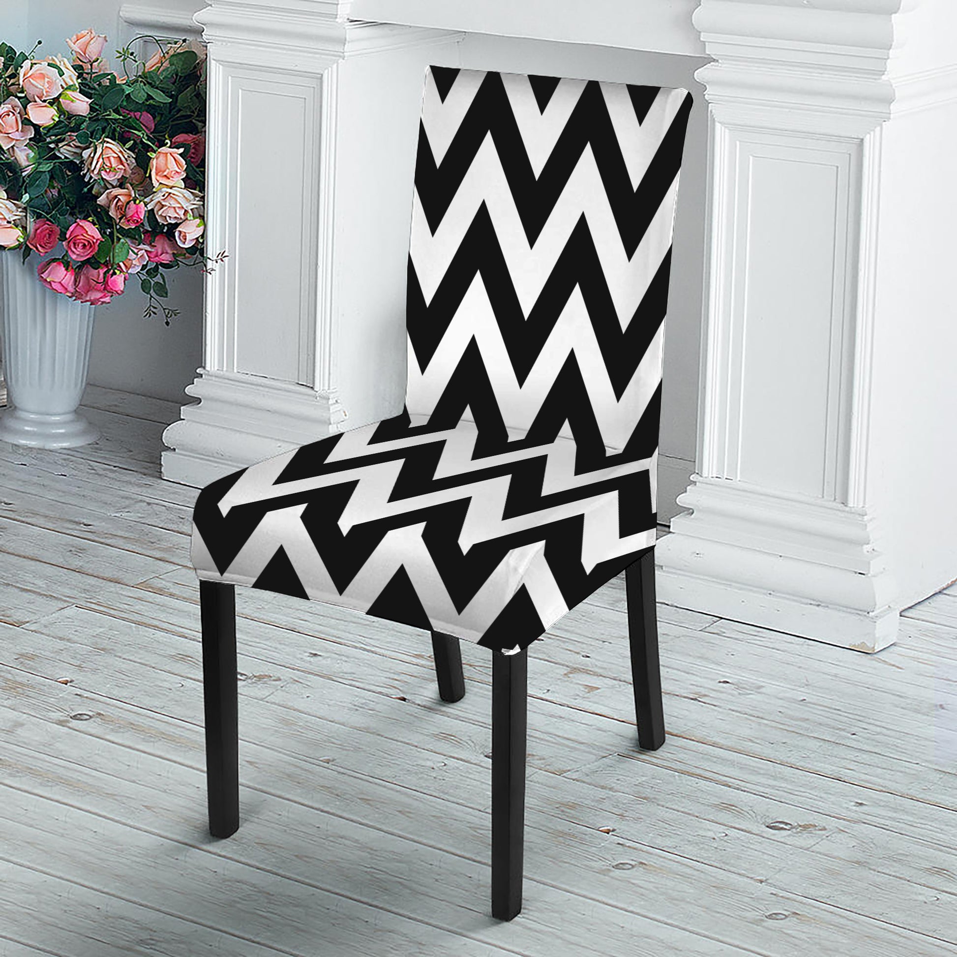 Black And White Zigzag Pattern Print Dining Chair Slipcover