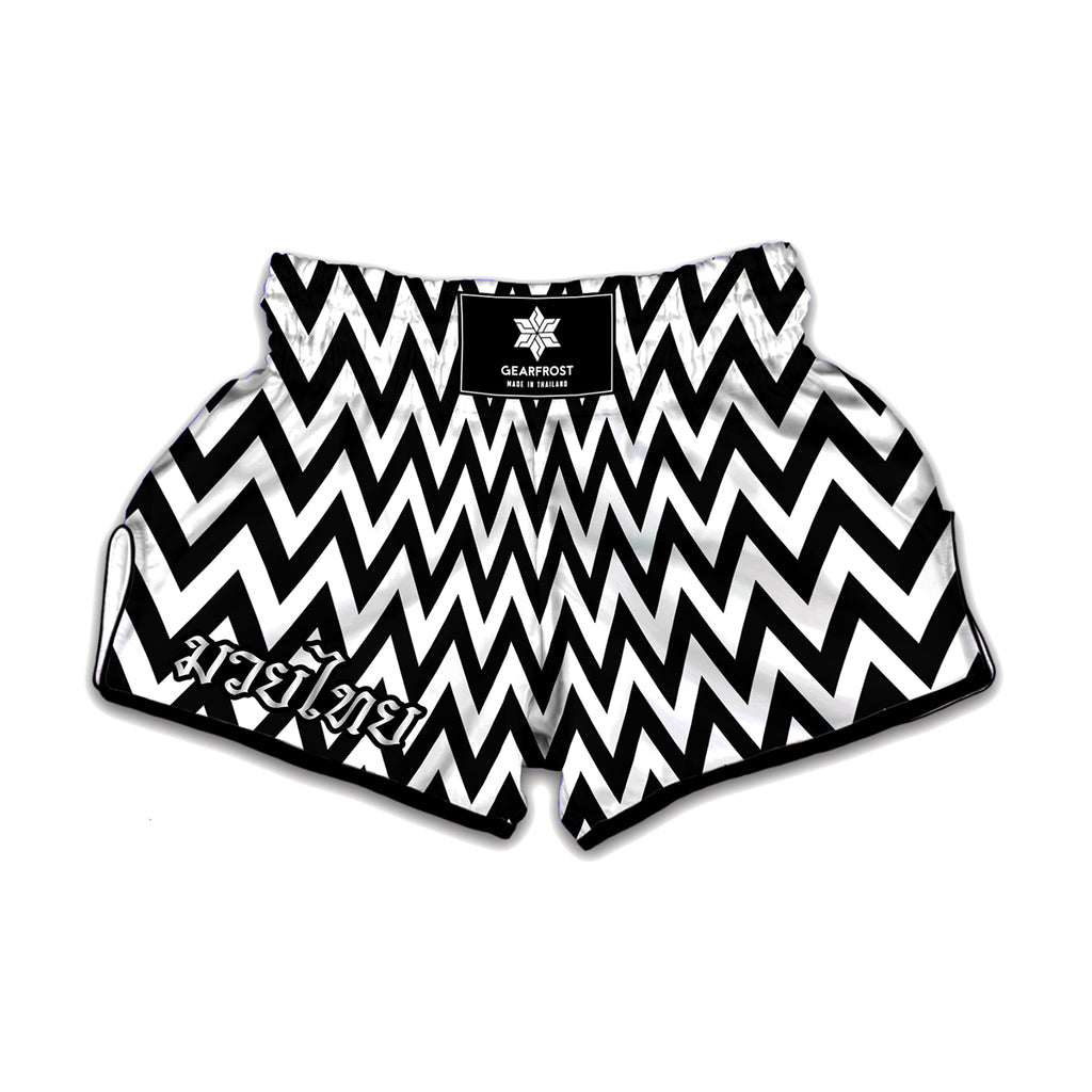 Black And White Zigzag Pattern Print Muay Thai Boxing Shorts