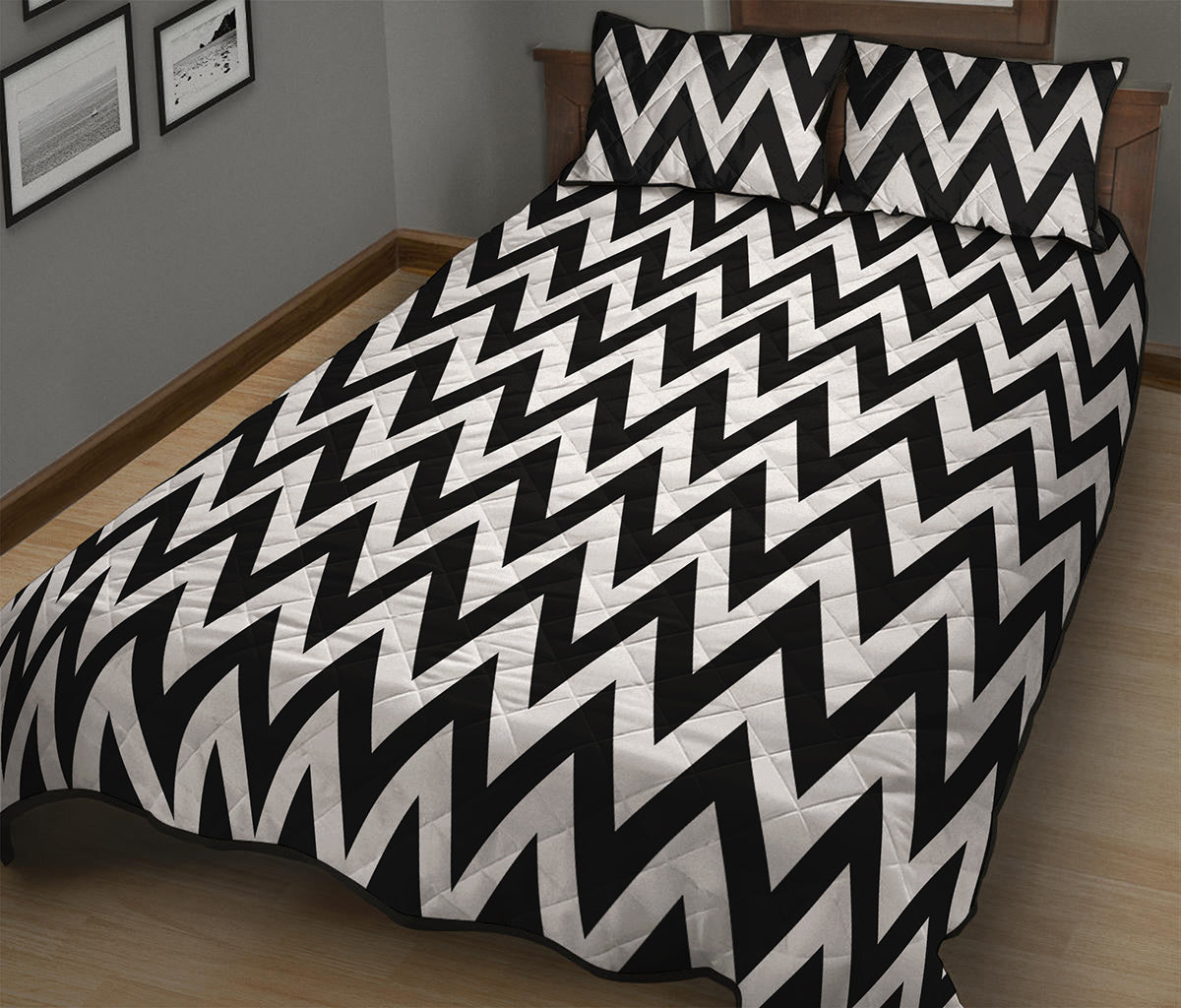 Black And White Zigzag Pattern Print Quilt Bed Set