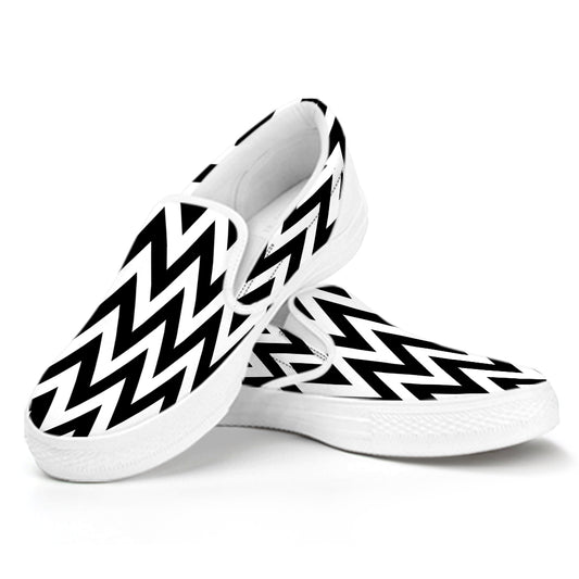 Black And White Zigzag Pattern Print White Slip On Shoes