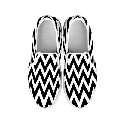 Black And White Zigzag Pattern Print White Slip On Shoes