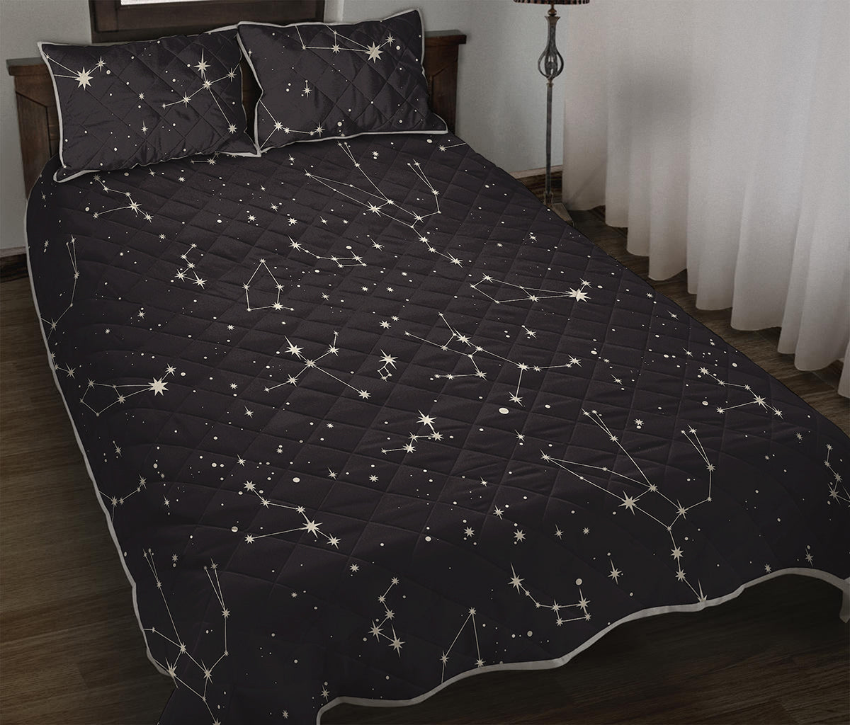 Black And White Zodiac Stars Print Quilt Bed Set