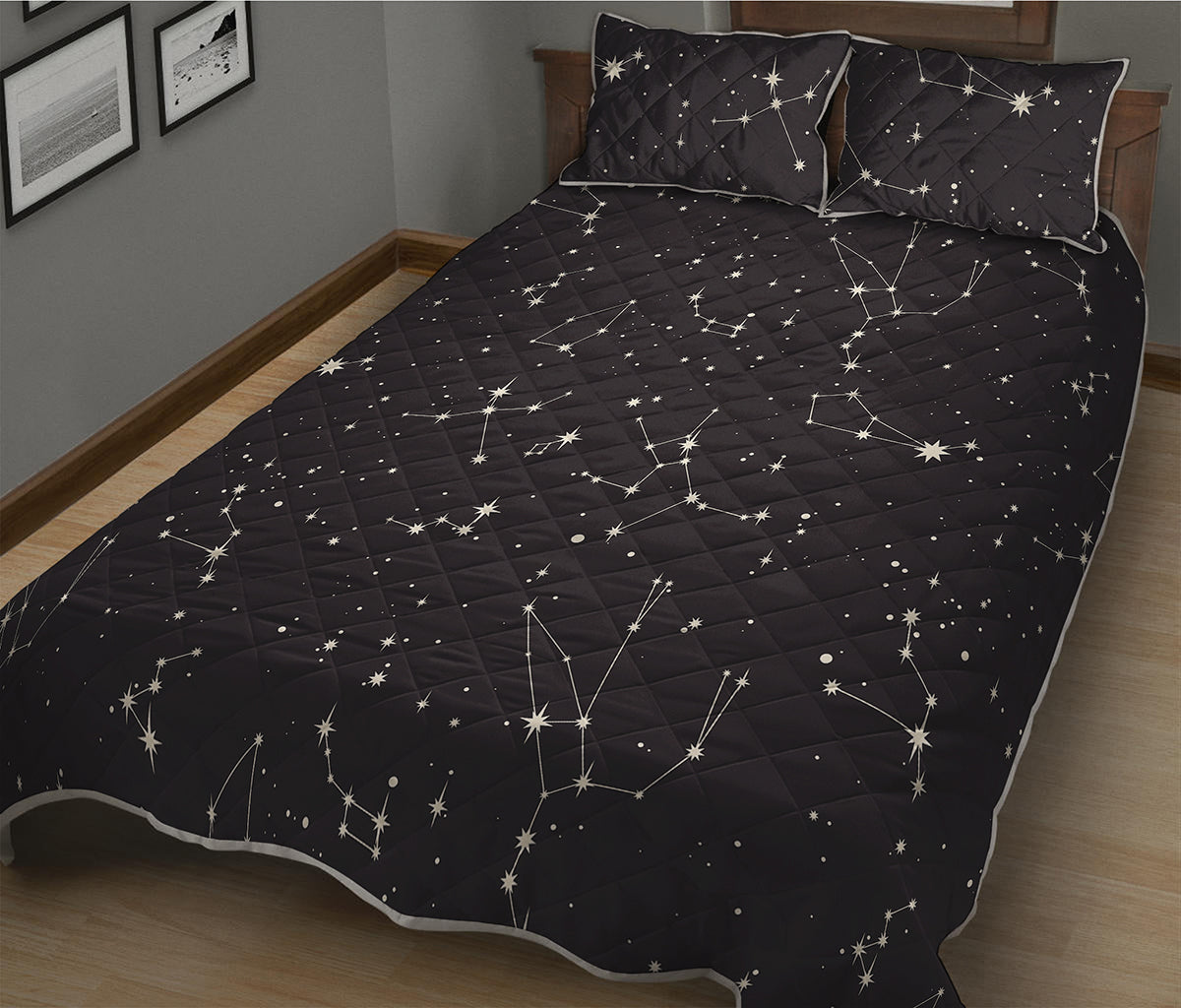 Black And White Zodiac Stars Print Quilt Bed Set