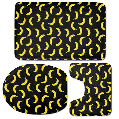 Black And Yellow Banana Pattern Print 3 Piece Bath Mat Set