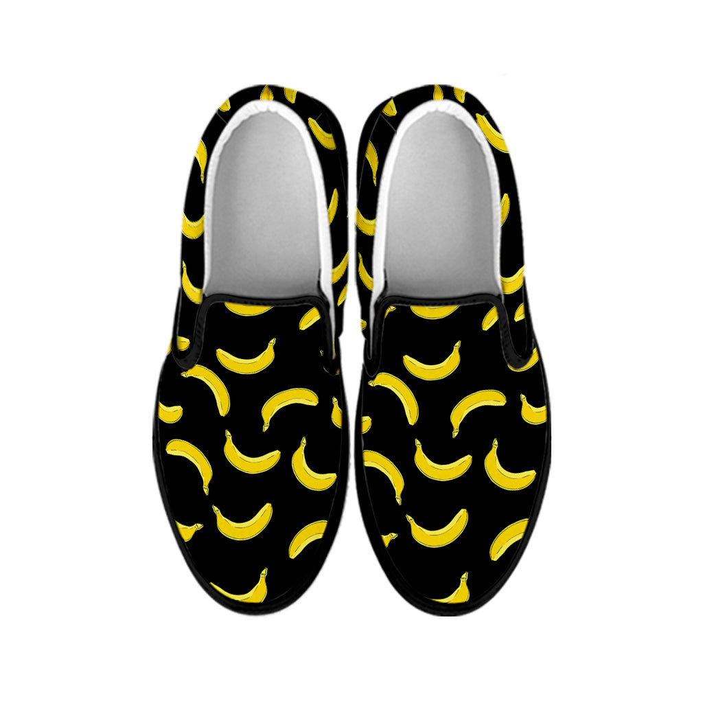 Black And Yellow Banana Pattern Print Black Slip On Shoes