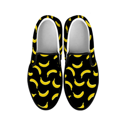 Black And Yellow Banana Pattern Print Black Slip On Shoes