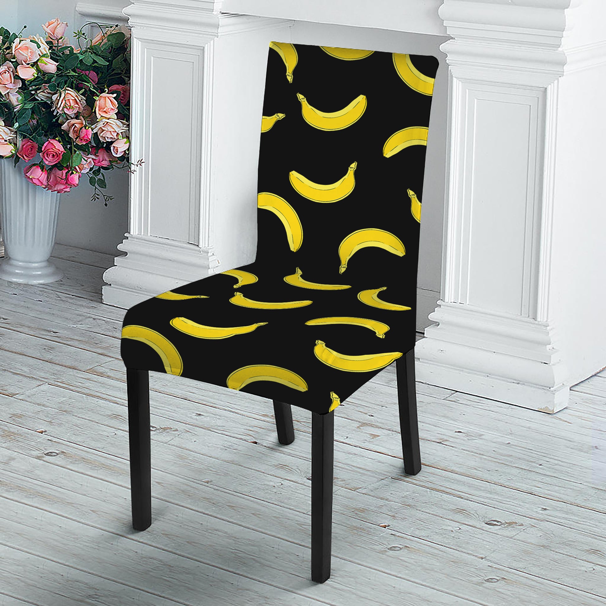 Black And Yellow Banana Pattern Print Dining Chair Slipcover