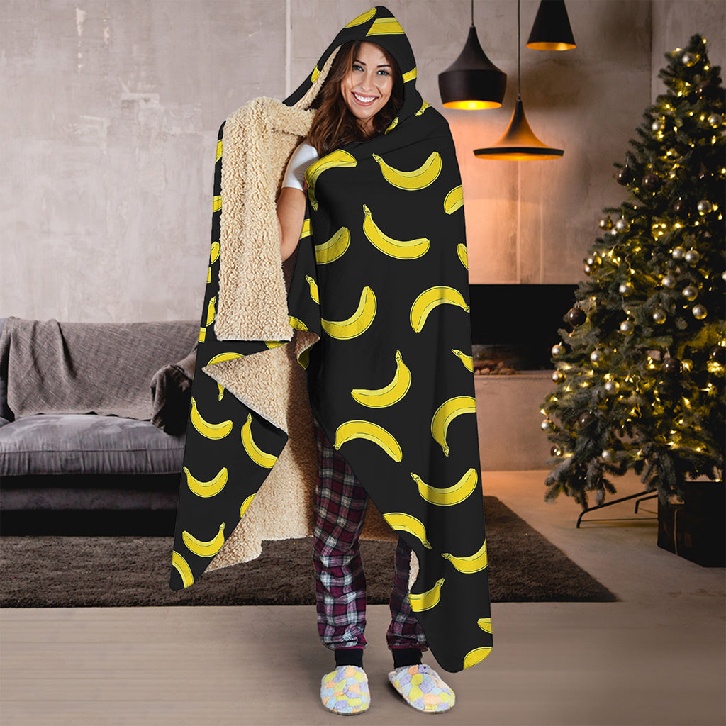 Black And Yellow Banana Pattern Print Hooded Blanket
