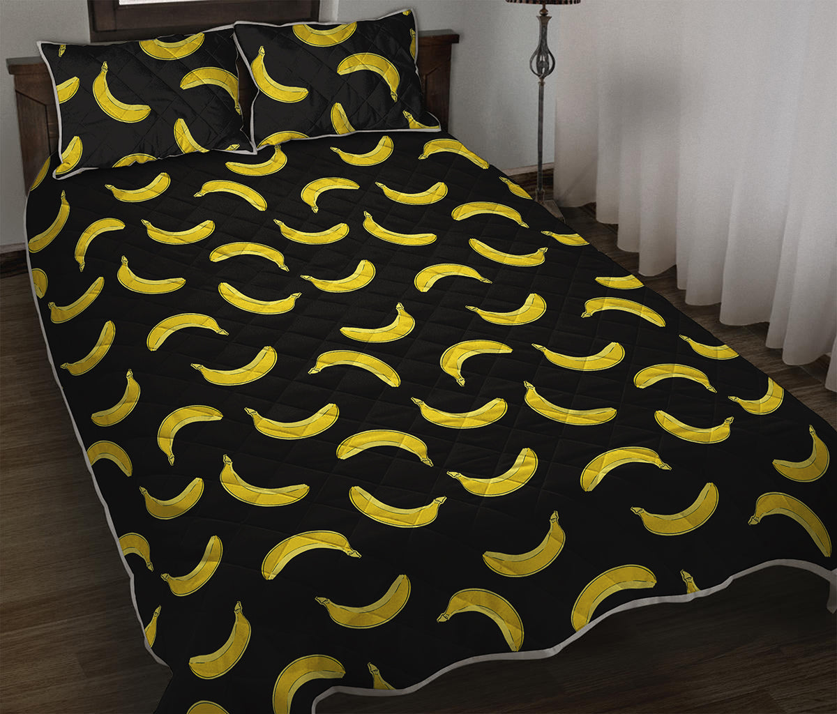 Black And Yellow Banana Pattern Print Quilt Bed Set