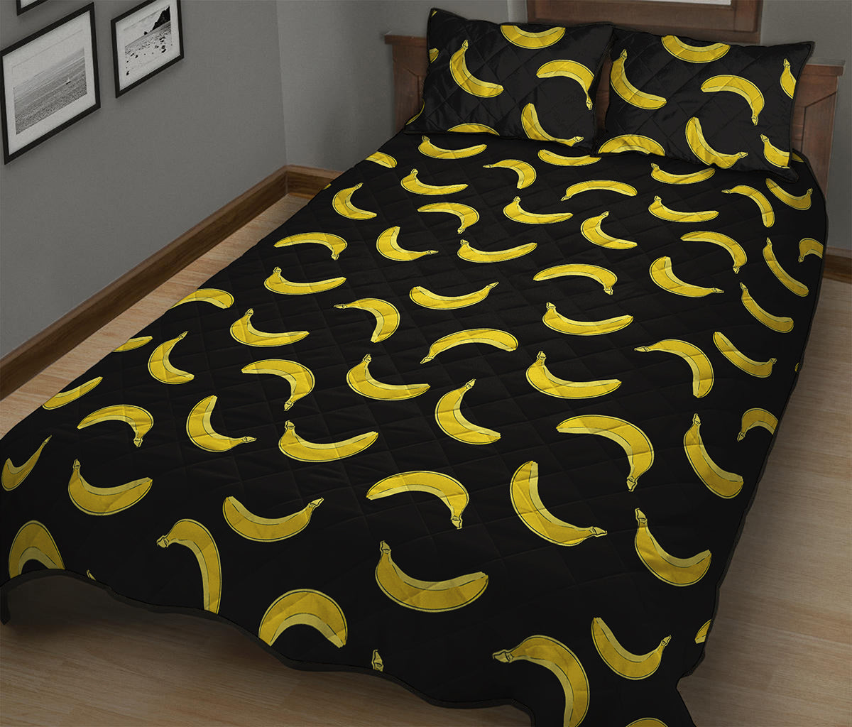 Black And Yellow Banana Pattern Print Quilt Bed Set