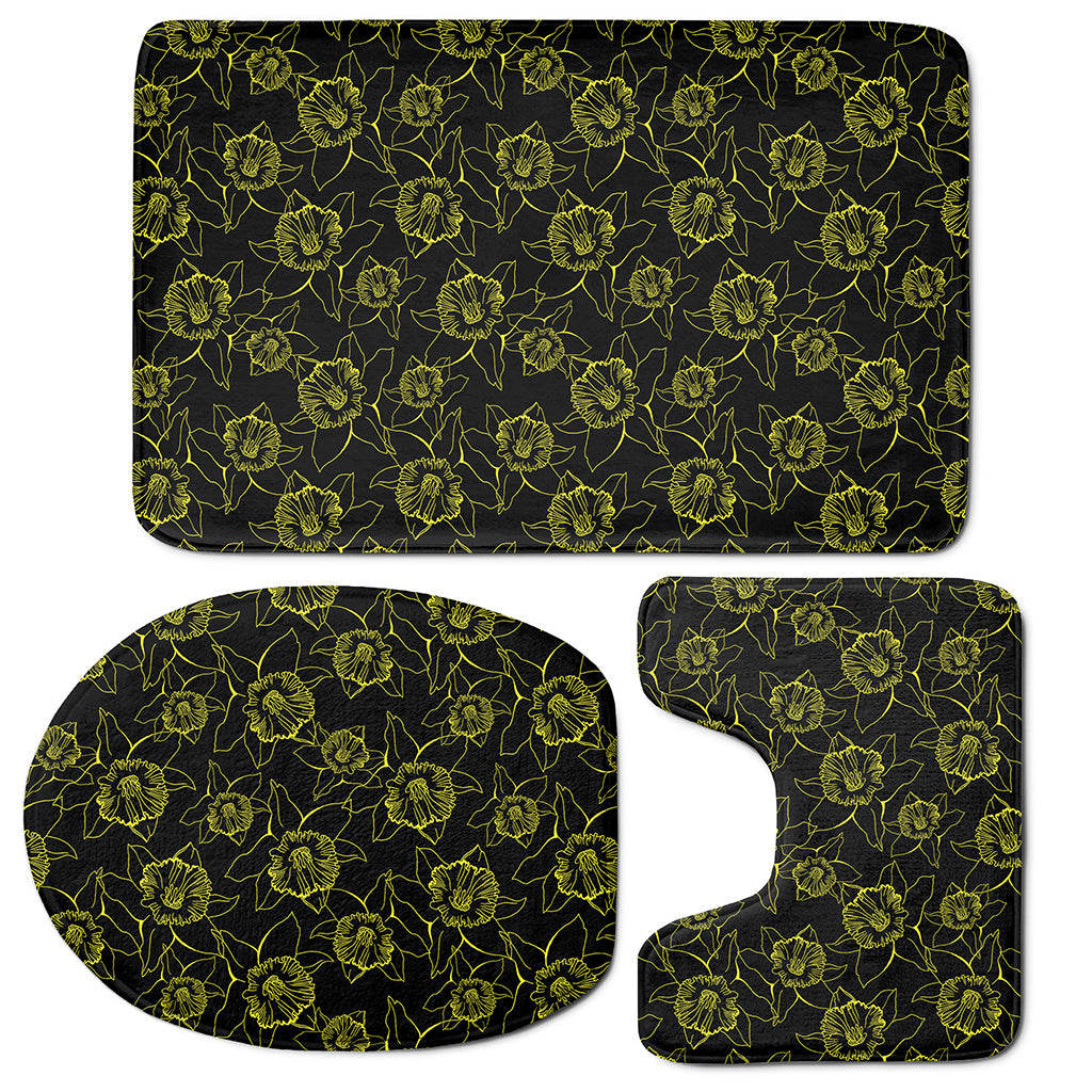 Black And Yellow Daffodil Pattern Print 3 Piece Bath Mat Set