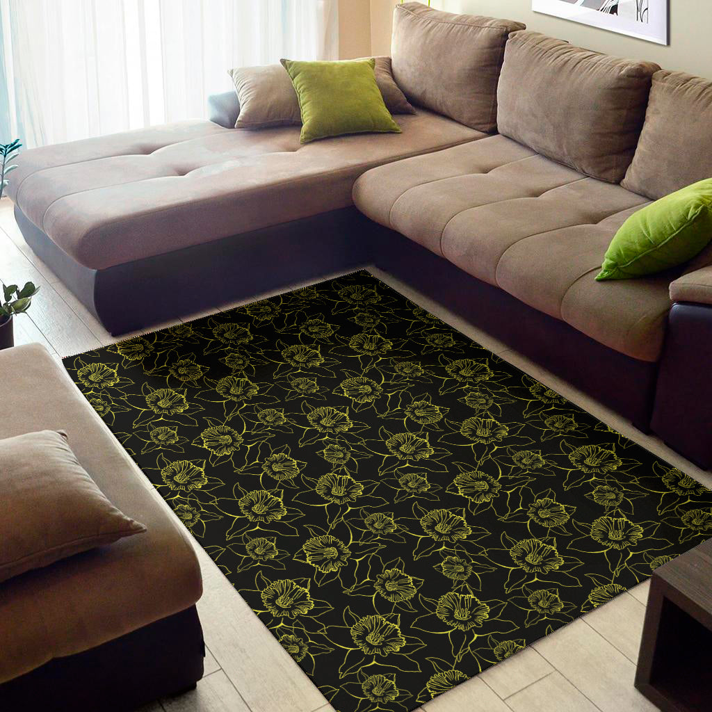 Black And Yellow Daffodil Pattern Print Area Rug