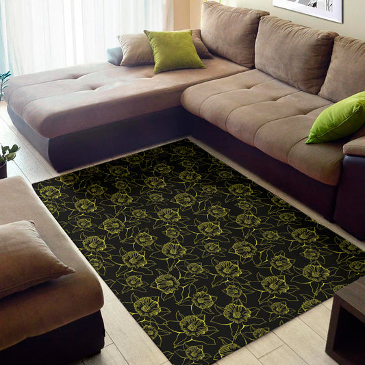 Black And Yellow Daffodil Pattern Print Area Rug