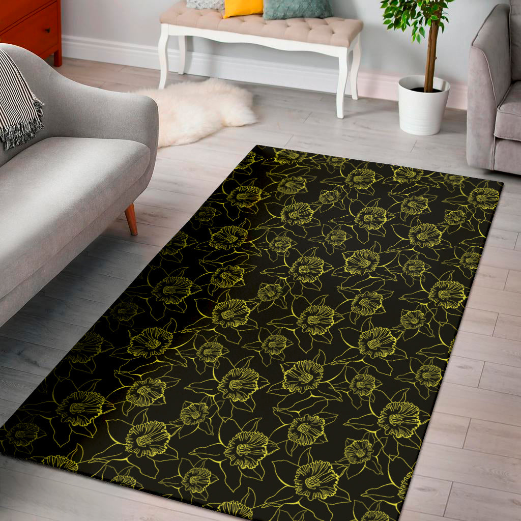 Black And Yellow Daffodil Pattern Print Area Rug