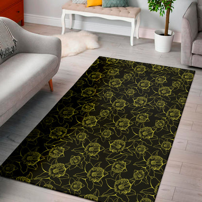 Black And Yellow Daffodil Pattern Print Area Rug