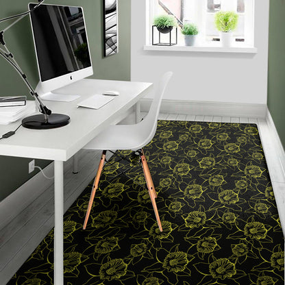 Black And Yellow Daffodil Pattern Print Area Rug
