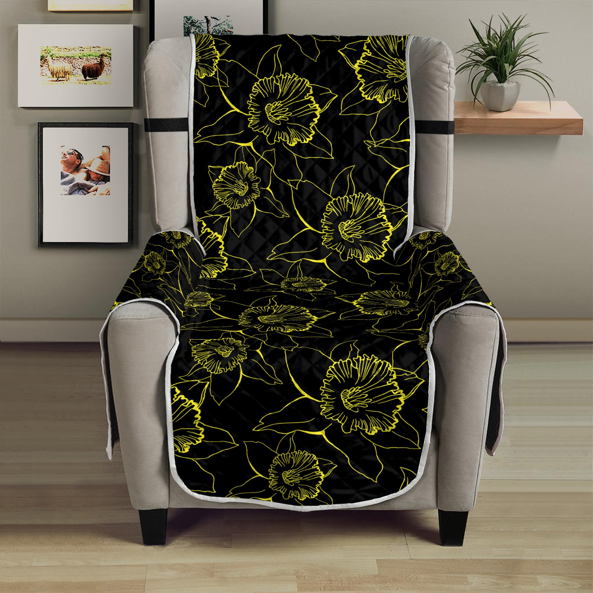 Black And Yellow Daffodil Pattern Print Armchair Protector