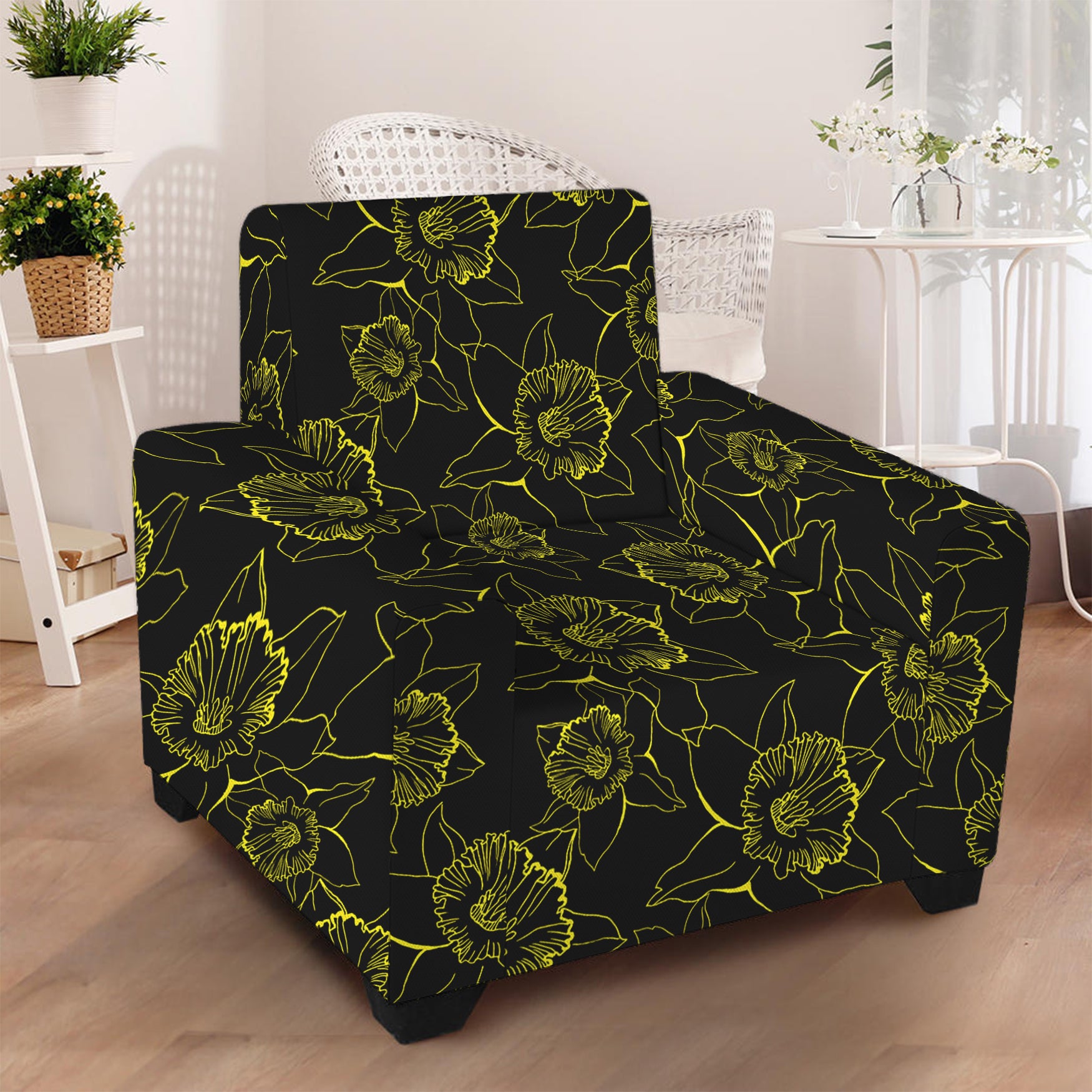 Black And Yellow Daffodil Pattern Print Armchair Slipcover