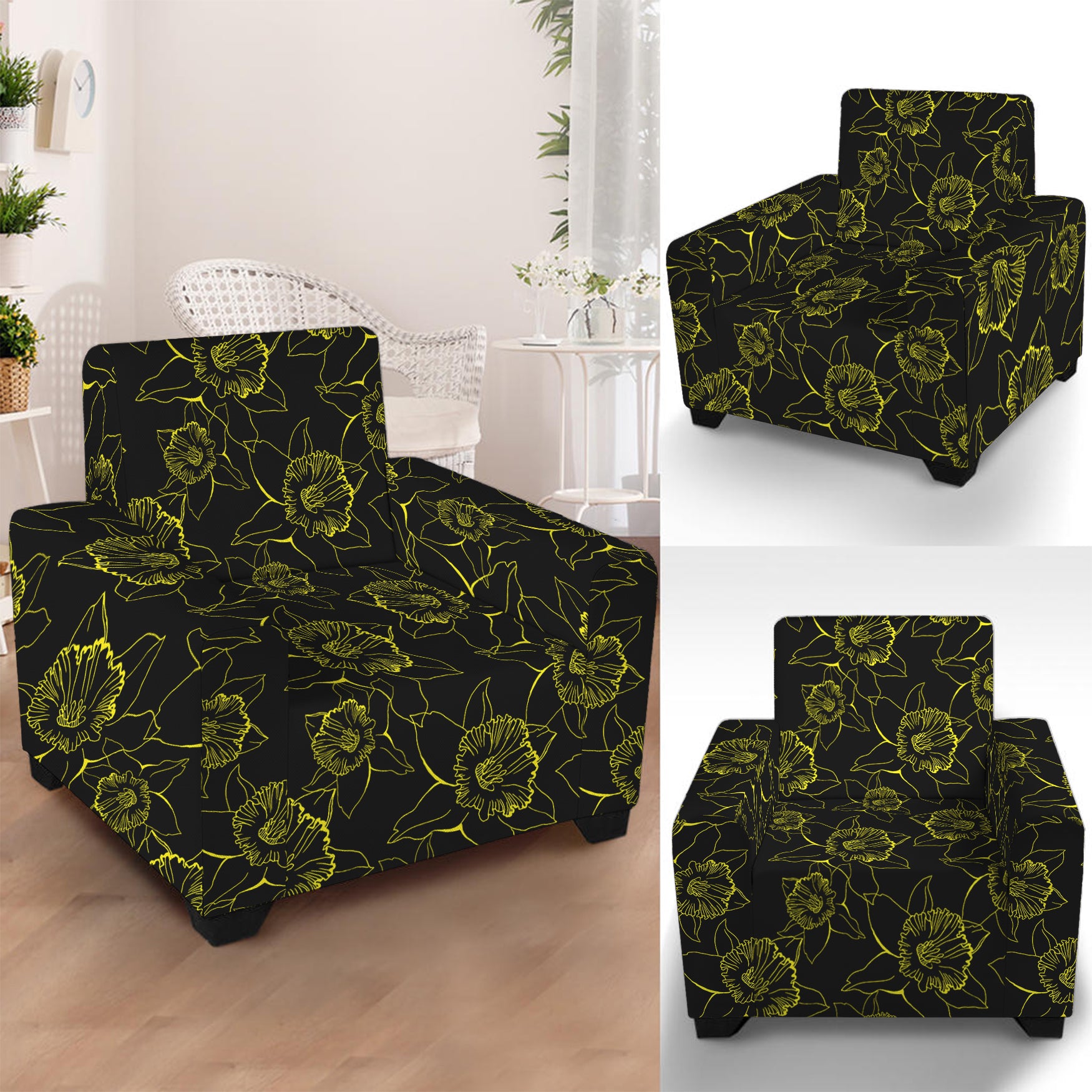 Black And Yellow Daffodil Pattern Print Armchair Slipcover