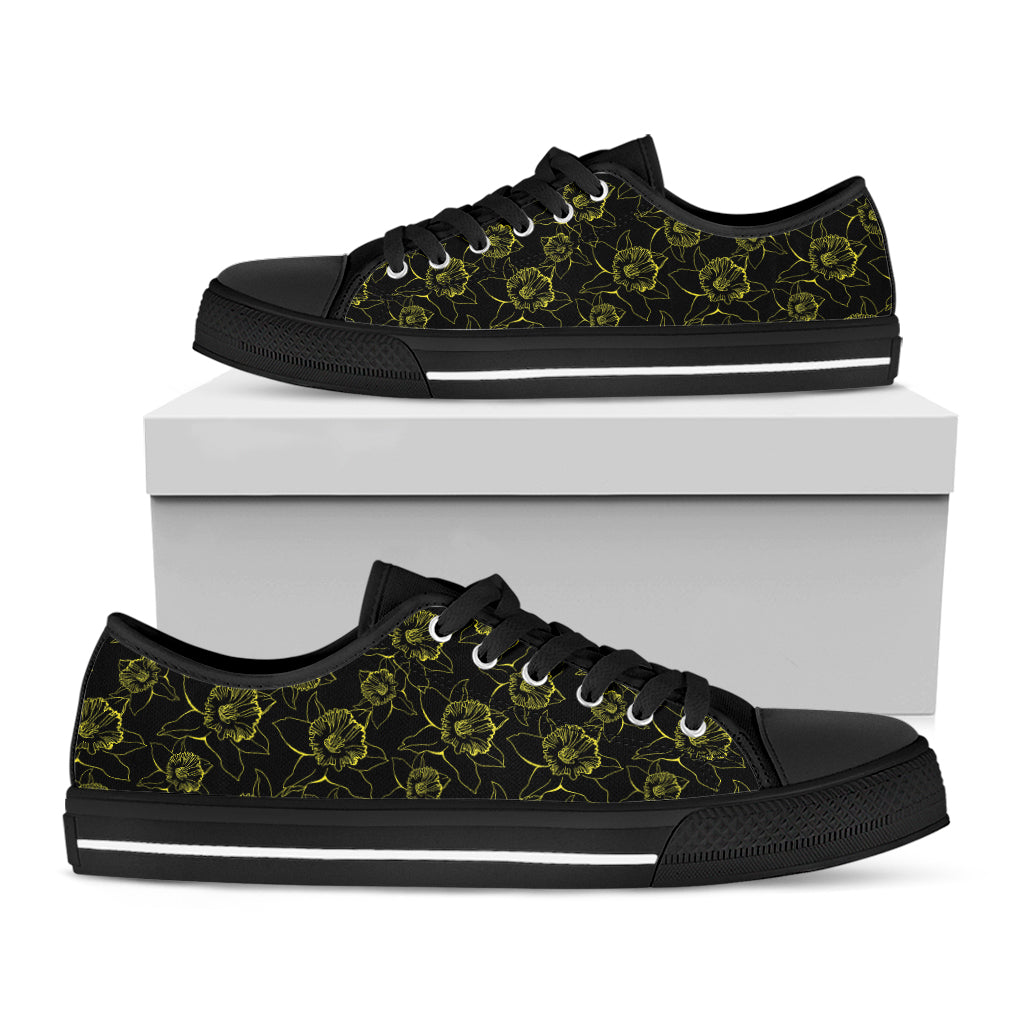 Black And Yellow Daffodil Pattern Print Black Low Top Shoes