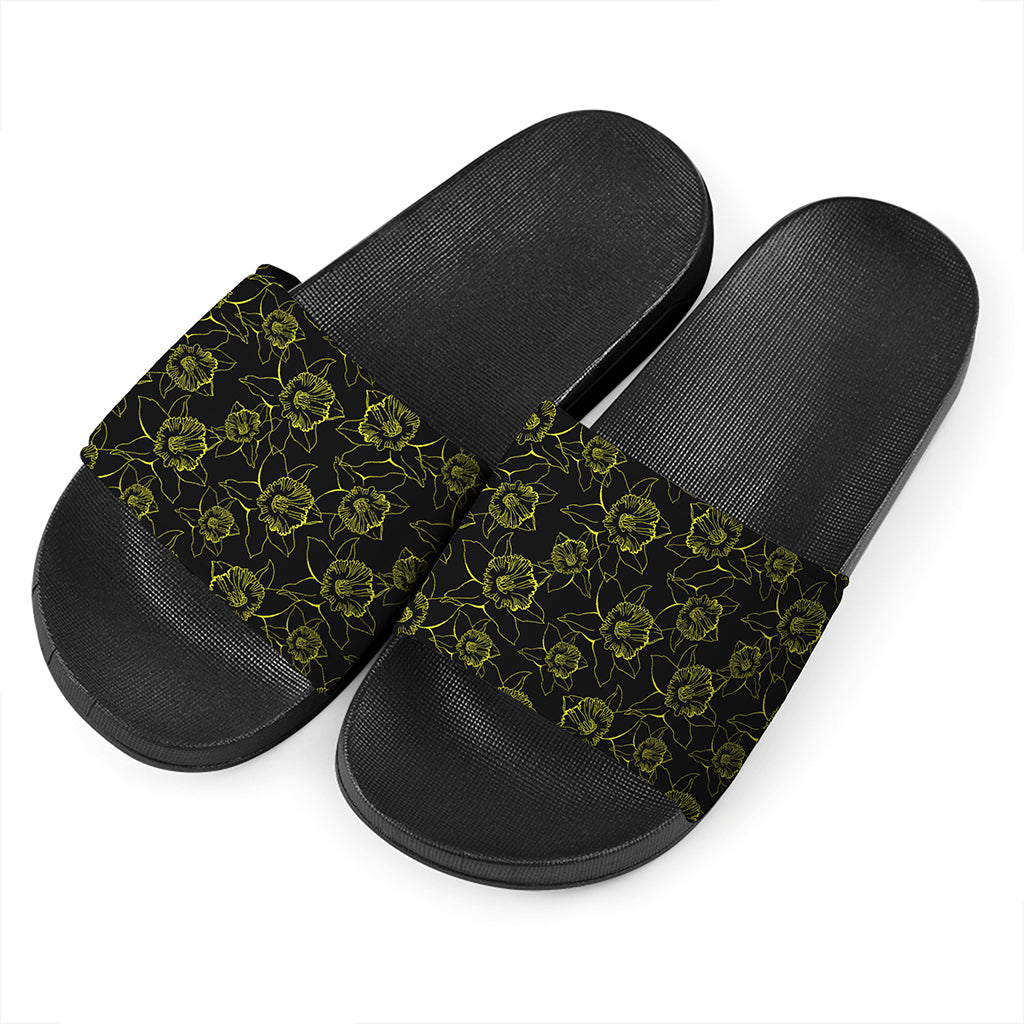 Black And Yellow Daffodil Pattern Print Black Slide Sandals