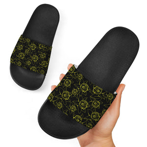 Black And Yellow Daffodil Pattern Print Black Slide Sandals