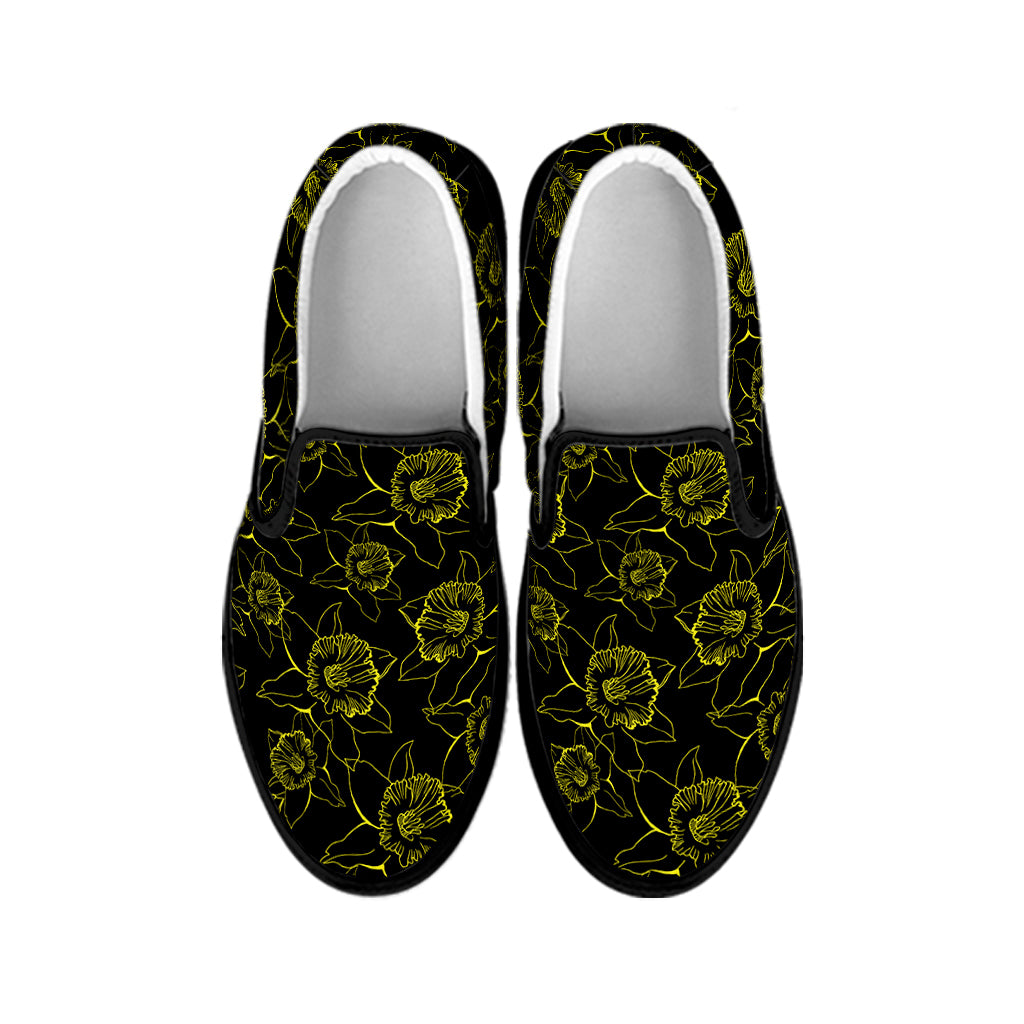 Black And Yellow Daffodil Pattern Print Black Slip On Shoes