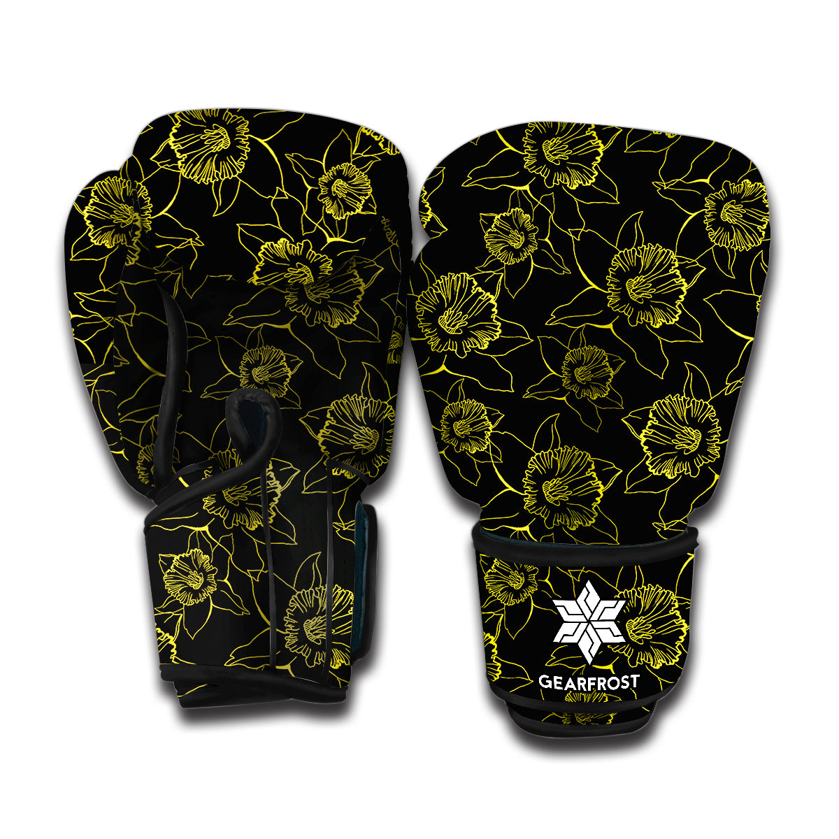 Black And Yellow Daffodil Pattern Print Boxing Gloves