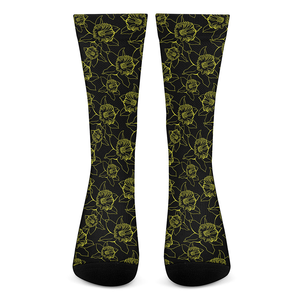 Black And Yellow Daffodil Pattern Print Crew Socks