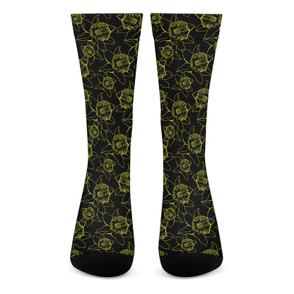 Black And Yellow Daffodil Pattern Print Crew Socks