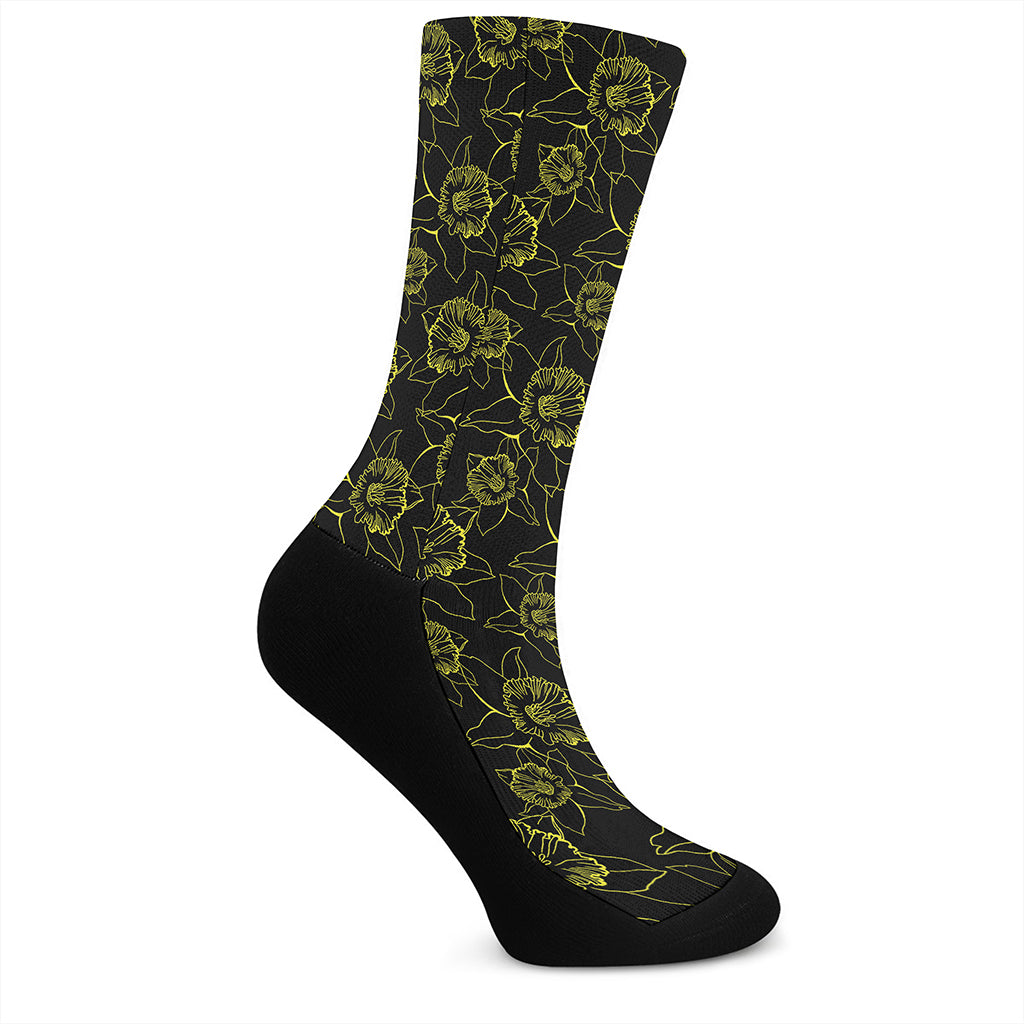 Black And Yellow Daffodil Pattern Print Crew Socks