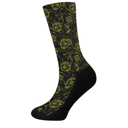 Black And Yellow Daffodil Pattern Print Crew Socks
