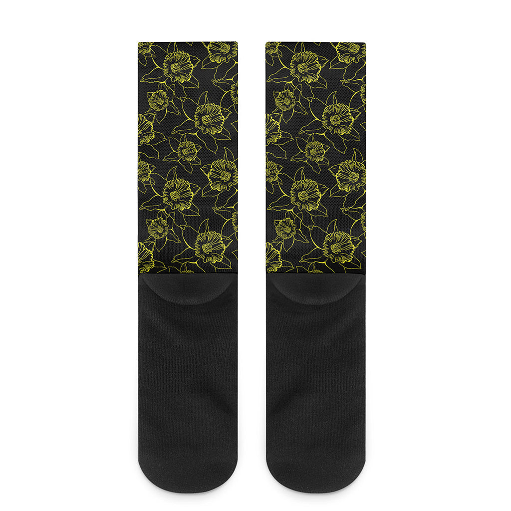 Black And Yellow Daffodil Pattern Print Crew Socks