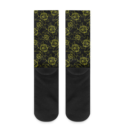 Black And Yellow Daffodil Pattern Print Crew Socks