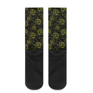 Black And Yellow Daffodil Pattern Print Crew Socks