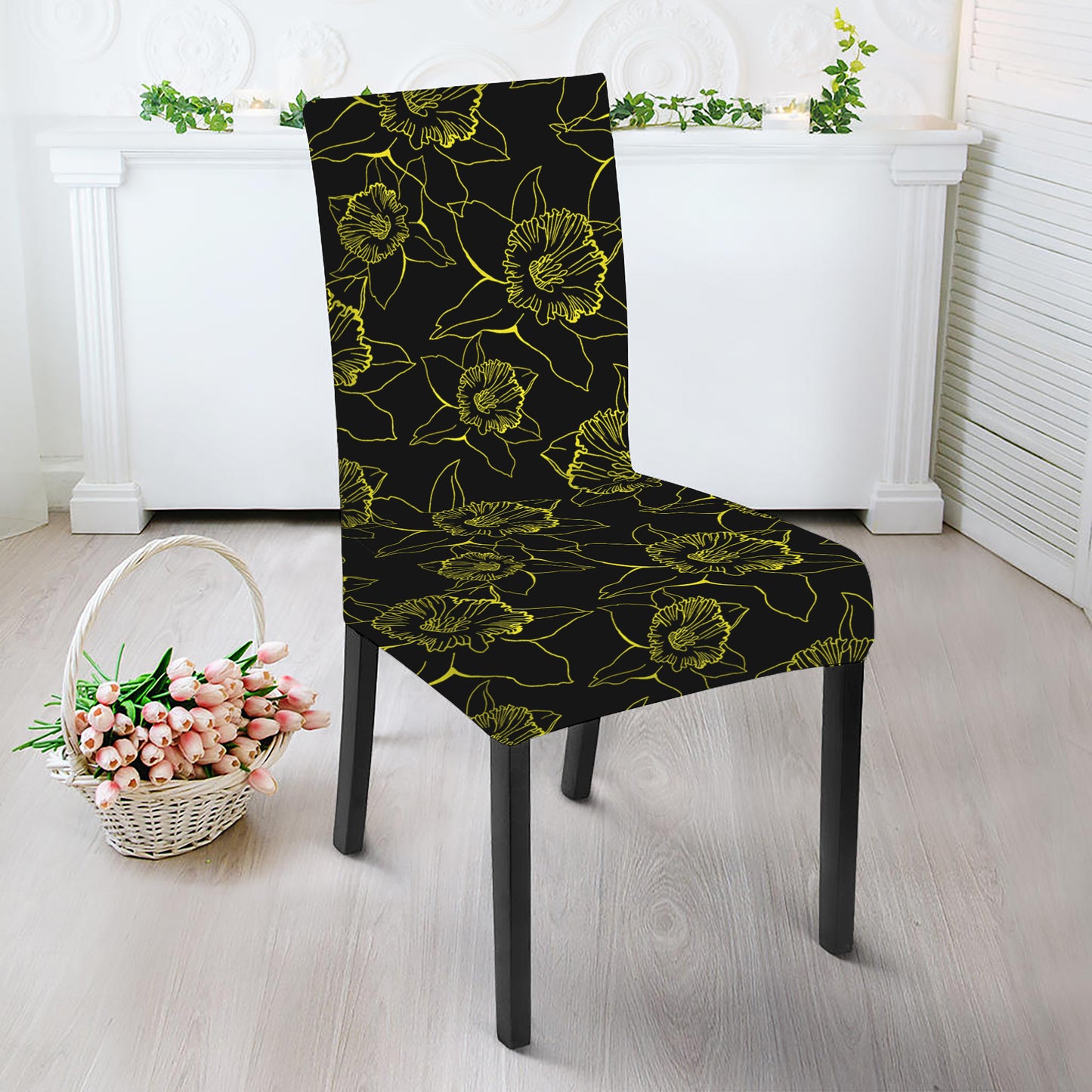 Black And Yellow Daffodil Pattern Print Dining Chair Slipcover