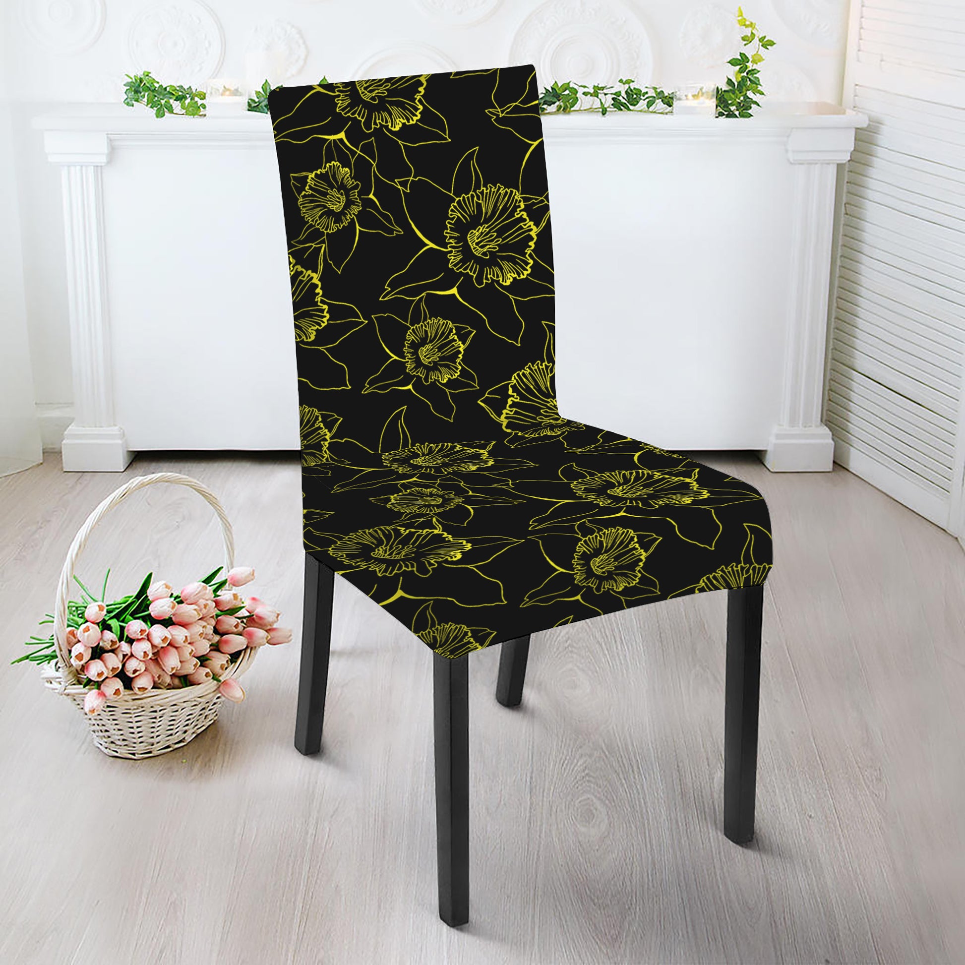 Black And Yellow Daffodil Pattern Print Dining Chair Slipcover