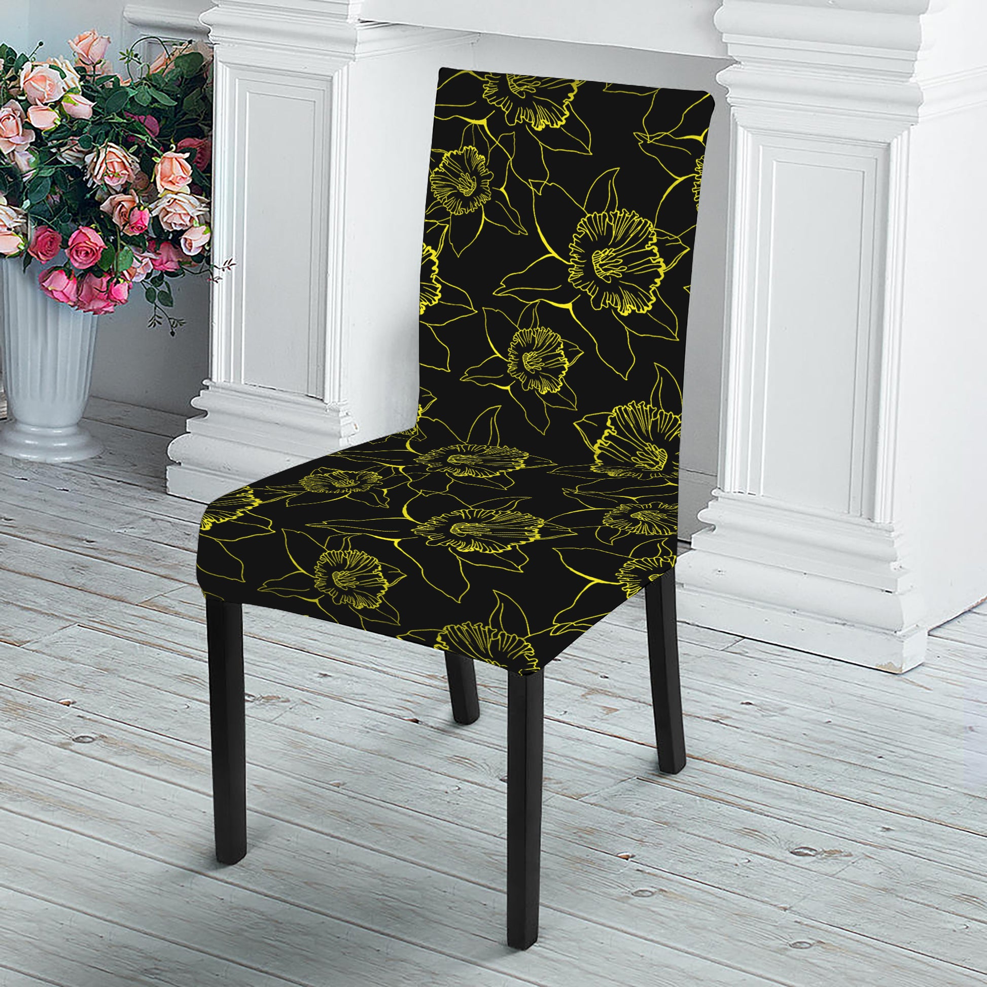 Black And Yellow Daffodil Pattern Print Dining Chair Slipcover