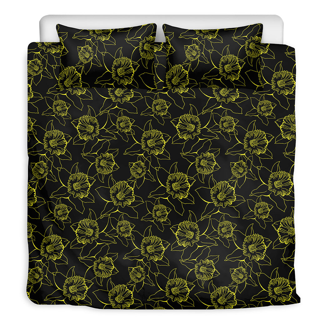 Black And Yellow Daffodil Pattern Print Duvet Cover Bedding Set