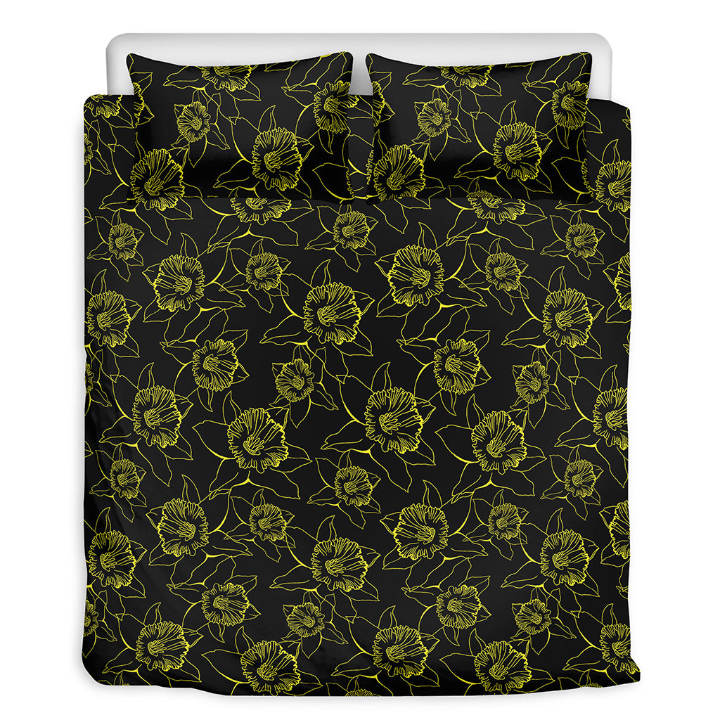 Black And Yellow Daffodil Pattern Print Duvet Cover Bedding Set