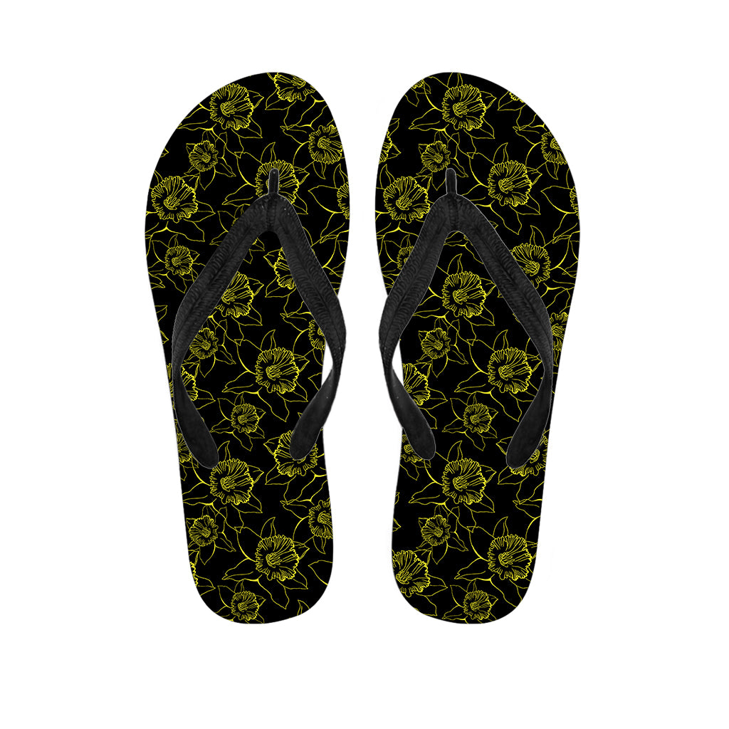 Black And Yellow Daffodil Pattern Print Flip Flops